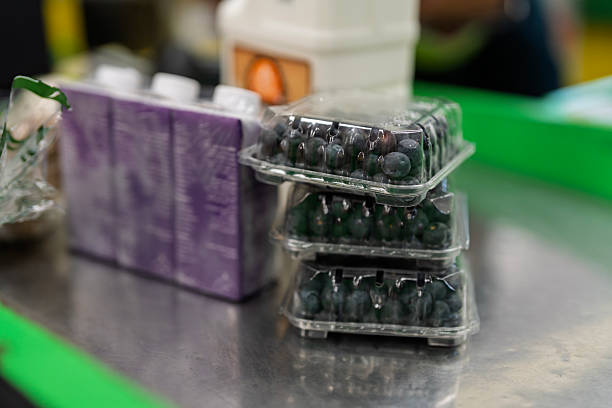 Fresh Blueberries in Plastic Containers on Supermarket Checkout Counter