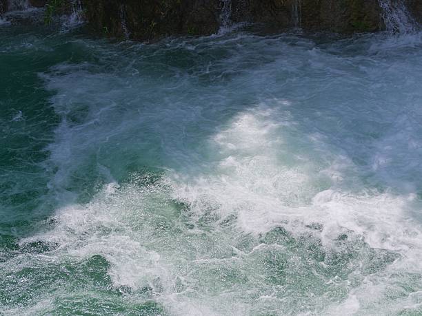 Rapidly flowing river with turbulent white water and greenish-blue currents
