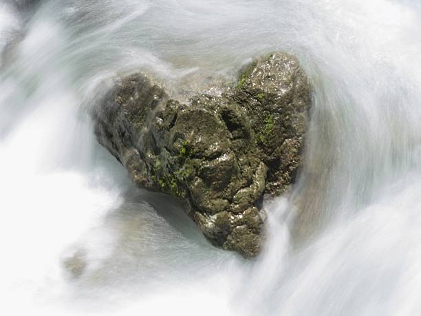 Rapid water flowing around a moss-covered rock in a stream