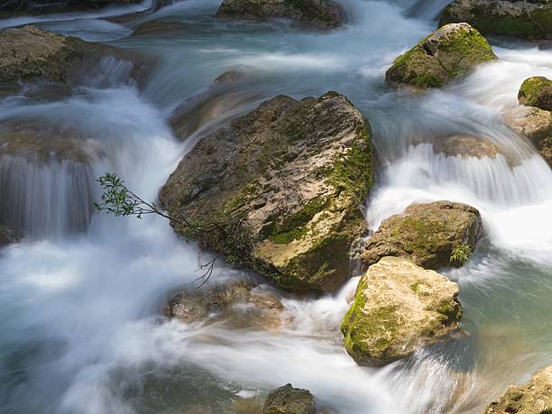 Rapid flowing river water cascading over moss-covered rocks in a natural stream setting