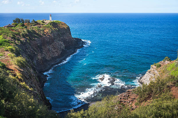 Kilauea Lighthouse on coastal cliffs overlooking the Pacific Ocean at Kilauea Point, Kauai, Hawaii, United States