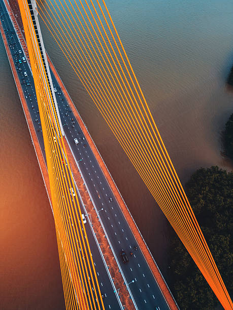 Symmetric modern cable-stayed bridge over Han river in Da Nang, Contemporary urban span connecting city across waterway