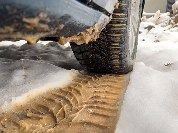 car tire tracks in the snow