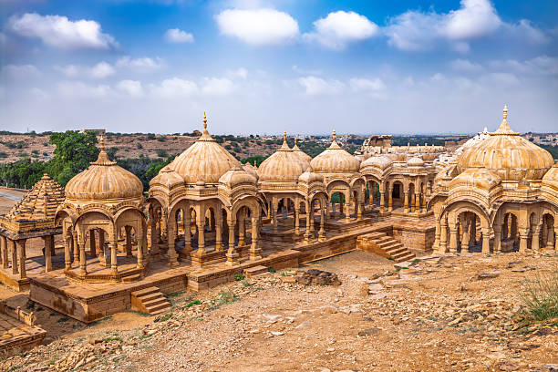 Golden sandstone cenotaphs of Bada Bagh in Jaisalmer.