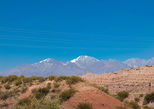 Pico montañoso con nieve distante rodeado de laderas áridas y cielo despejado, mostrando la diversidad altimétrica de la cordillera. Mendoza, Argentina