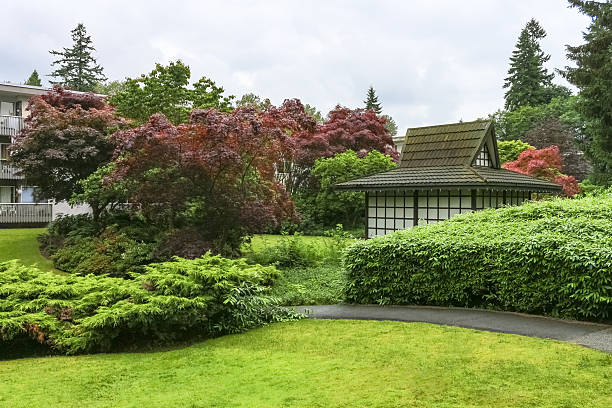 Asphalt pathway over small park in residential area