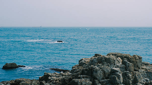 A high-angle wide shot capturing the iconic Oryukdo Islets in Busan, South Korea. The image features deep blue sea water, dramatic rock formations, and a rugged coastline. The lighting is bright and natural, highlighting the textures of the cliffs and the clear horizon on a sunny spring day.