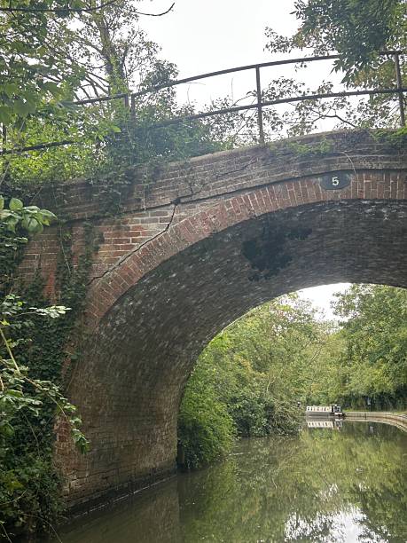Old Brick Arch Bridge Over a Calm Canal With Lush Greenery