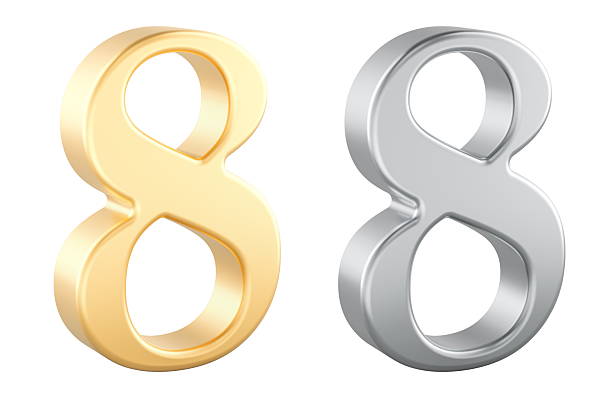 Gold and silver metallic number 8 symbols, 3D rendering isolated on white background