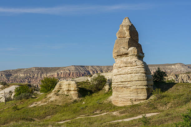 Zemi Valley displays single prominent conical fairy chimney approximately 10 meters tall with distinctive pointed cap rising beside modern cave hotel structure in honey-colored volcanic tuff in Cappadocia, Turkey. The natural formation shows characteristic differential erosion with resistant darker cap protecting softer column, standing adjacent to excavated hotel with visible windows and architectural elements. Blue sky above represents the juxtaposition of natural geological features and contemporary adaptive reuse of cave architecture that characterizes modern Zemi Valley as a premier boutique hotel destination.