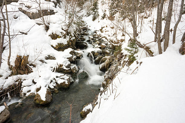 Rushing water cascading over rocks in a snow-covered mountain landscape during winter