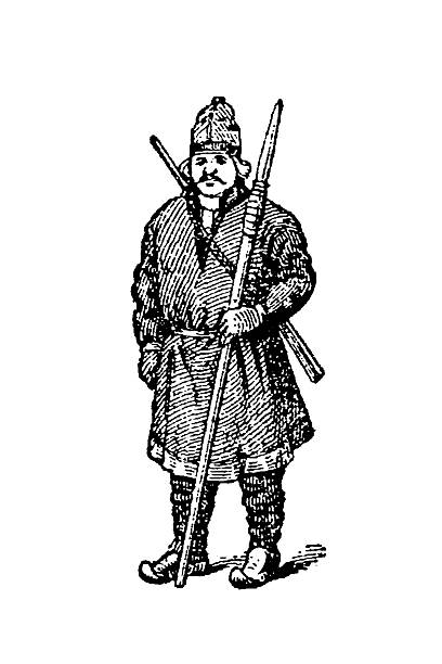 Sami (Lapon) man in traditional Arctic clothing, equipped with a rifle on his back and holding a long spear, capturing the stoic resilience and cultural heritage of indigenous Scandinavian life, old vintage illustration, 1897.