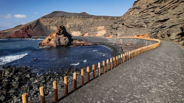 Scenic coastal path beside volcanic rocks and Atlantic waters near El Golfo crater on Lanzarote, Spain.
