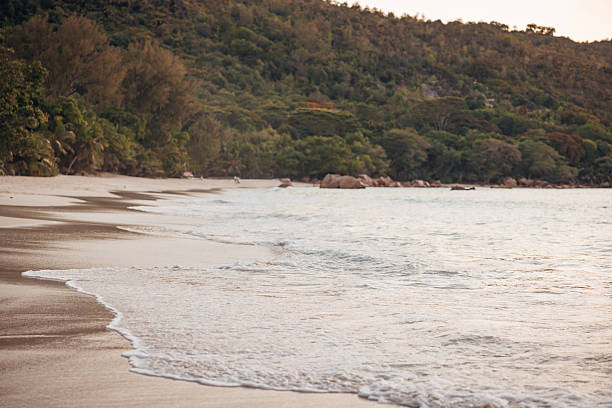 Gentle ocean waves roll onto a tranquil tropical beach, backed by lush green hillside vegetation and granite rock formations, embodying peaceful island lifestyle and coastal nature