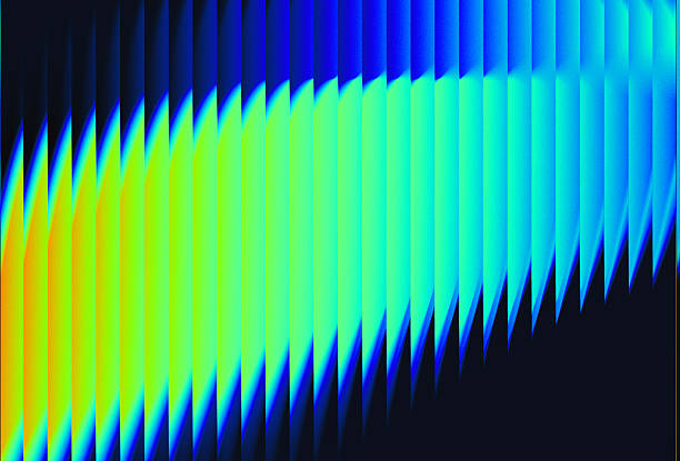 Ribbed pattern displaying a gradient of green to blue hues creates an abstract refraction effect. The smooth, transparent surface suggests a glowing prism wave. The design's vibrant colors and light distortion evoke futuristic technology and innovation themes, with a dynamic flow across the image.