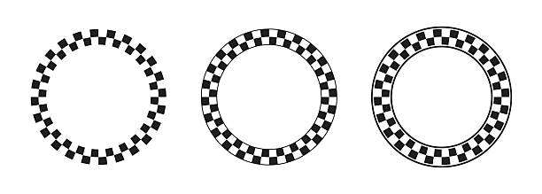Collection of round frames with black and white checkered print. Vignettes with rally competition flag or chess board pattern. Circular geometric frameworks. Vector graphic illistration.