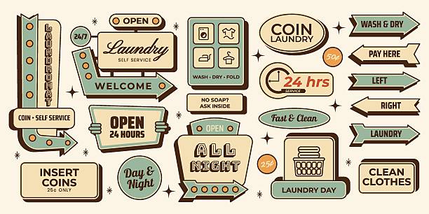 Retro laundry signs sticker set with laundromat, coin laundry, wash, dry labels, service icons, direction arrows. Vector illustration in vintage colors mid century 1950s style, isolated on light background