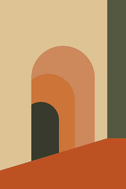 Geometric Architectural Arches Abstract Composition Minimalist abstract illustration featuring geometric arches and architectural forms with balanced shapes and warm earthy color palette. Suitable for modern interior decor, editorial design, branding, and creative backgrounds. step through doorway stock illustrations