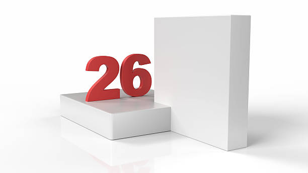3D Model Three dimensional digitally generated display of number text 26 in red over white background making modern bright backdrop for New Year 2026. The design is futuristic visionary and can be used for award show stage backdrops, presentations, wallpapers.
