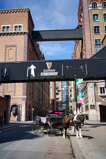 An inviting shot captures the Guinness Storehouse in Dublin, Ireland, complete with a horse-drawn carriage on a sunny day. Dublin, Ireland, 2025-08-08