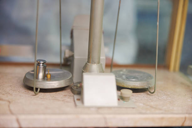 Precise measuring tool in the laboratory, weights lying on scales plate