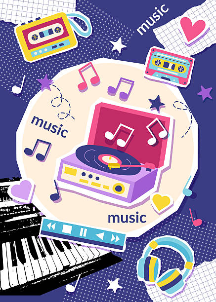 Colorful music retro collage poster with vinyl record player, headphones, cassette, recorder and piano. Concept of music, retro, 90s. Vector flat background.