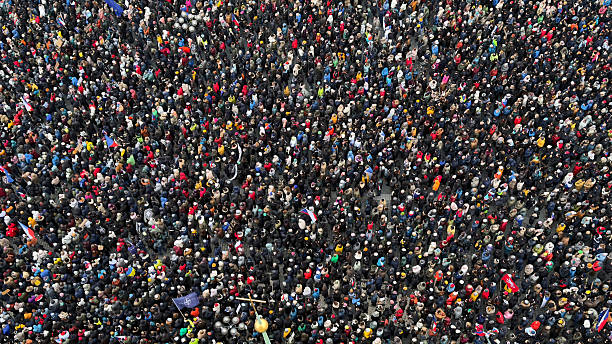 crowd of people in the square, bird's-eye view