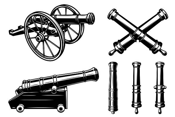A black and white vector set featuring a vintage field cannon on wheels, a pair of crossed cannons, and three individual artillery barrels. Detailed historical weapon art.