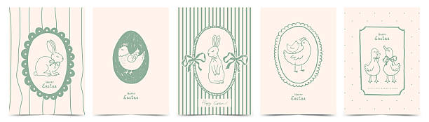 Cute vintage Easter greeting card set with geese, chickens, egg, bows, bunny and frames in whimsical doodle hand drawn style. Vector design template for poster, print, invitation, banner, cover, label