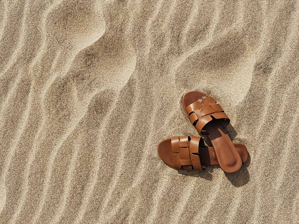 A pair of green flip-flops with white daisy patterns lies on warm golden sand. The image captures a peaceful summer vibe, perfect for vacation or travel themes.