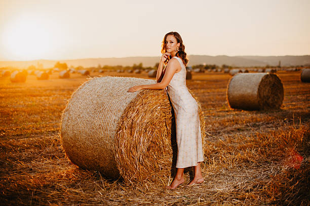Sunrise in the field. The soft morning light illuminates the hay bale. Belarusian landscape.