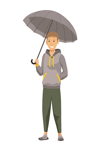 Man holding an umbrella while he walks through the rain, showcasing his joyful demeanor