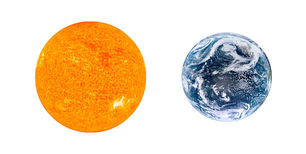 Sun and Earth daytime view showing blue ocean and white clouds isolated on white. 3D solar system render. Elements of this image furnished by NASA.