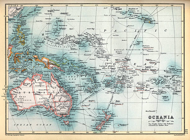 Antique map, Oceania, Australia, New Zealand, Pacific Islands, Papua New Guinea, Hawaii, Philippine Islands, 1890s, 19th Century