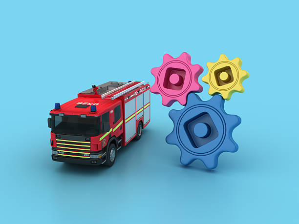 Fire Truck with Gears - Color Background - 3D Rendering