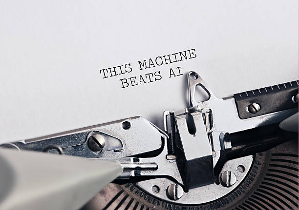 Typewriter typing THIS MACHINE BEATS AI on paper, symbolizing human creativity versus artificial intelligence or tradition versus progress.
