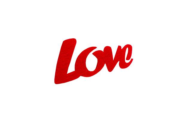 Red felt word Love in bold cursive font on clean white background.