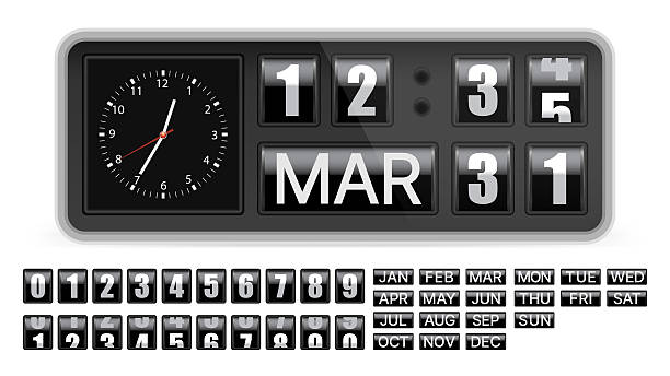 Retro mechanical flip clock and calendar vector illustration featuring a classic split-flap display with turning minutes, rotating date and month panels, and an integrated analog clock. Designed in a vintage timekeeping style inspired by old airport and railway departure boards, this detailed graphic element represents time, scheduling, countdown, and retro technology concepts. Ideal for use in UI design, dashboards, calendars, timers, presentations, posters, websites, apps, and creative branding projects that require a nostalgic or mechanical clock aesthetic.