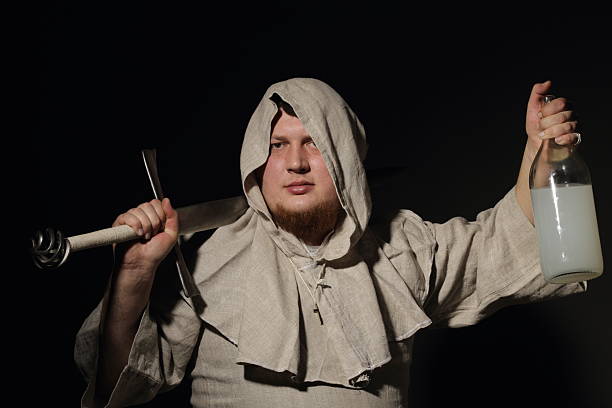 A menacing warrior monk with a sword in one hand and a bottle filled with elixir or just moonshine in the other hand