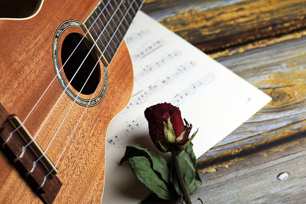 acoustic guitar and music notes on wooden