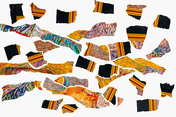 Abstract collage made of torn paper fragments, mixed textures, colors, puzzle patterns on white background. Concept of collage creativity, fragmentation, mixed media, copy space, background for design