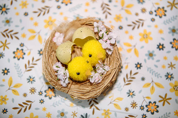 A pair of small yellow fluffy Easter chicks sitting in a straw nest with broken green eggshells and flowers. Festive spring composition on a white floral pattern background and wooden texture. Perfect for Easter greeting cards, holiday promotions, and seasonal decor.