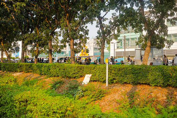 Capture of Thai commuters in  Bangkok Dusit. Scene is at train station seen from Thoet Damri Road. Scene is at Ramathibodi Hospital seen from western side of railway tracks and street Thoet Damri Road. People are standing or sitting at tracks and under trees and are waiting. A hedge is along platform. Many are using mobile phone. Railway os leading to Bang Sue