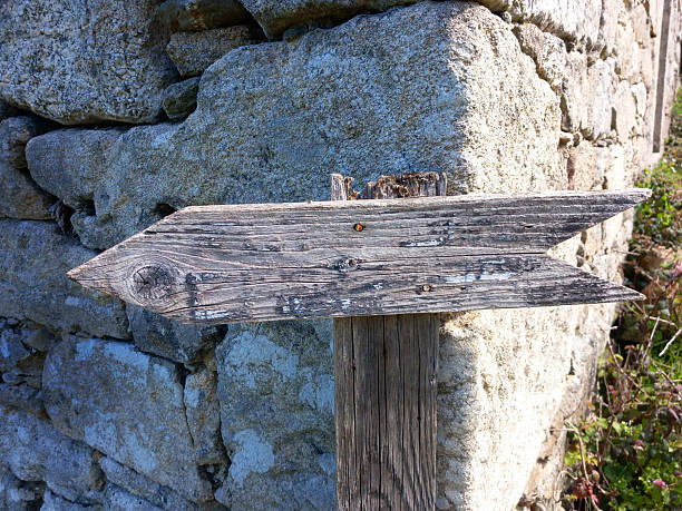 Footpath sign post, hiking pole,  stone house corner in the  background. Lugo province, Galicia, Spain.