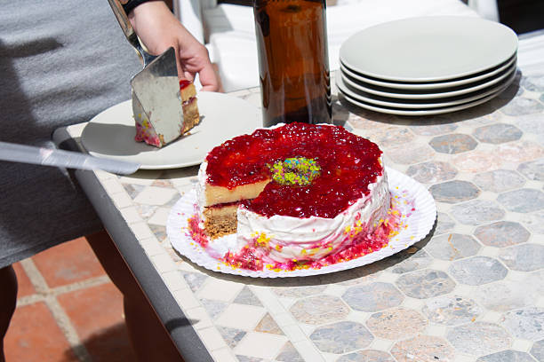 Homemade raspberry cheesecake being served outdoors