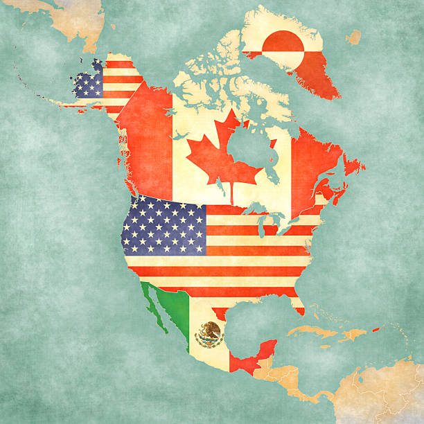 Flags of all countries on the map of North America in soft grunge and vintage style, like old paper with watercolor painting.