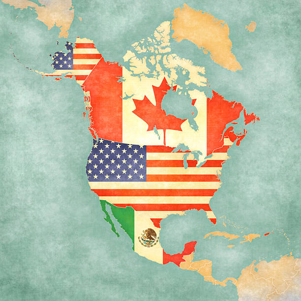 Canada, USA and Mexico (flags) on the map of North America in soft grunge and vintage style, like old paper with watercolor painting.