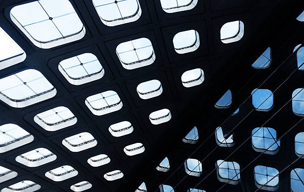 Metal dome abstract architecture background. Wall with metal elements and open ceiling