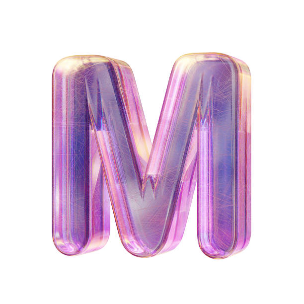 Purple pink iridescent glass font Letter M 3D rendering illustration isolated on white background