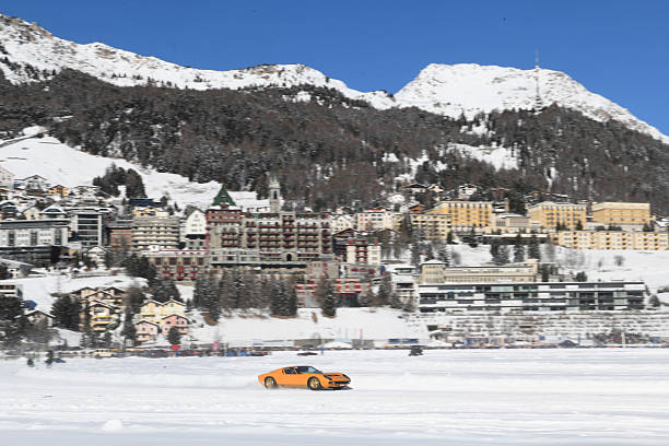 St.Moritz, Switzerland - January 31, 2026: Lamborghini -Miura SV  car, built 1972,   on the frozen Lake St. Moritz \